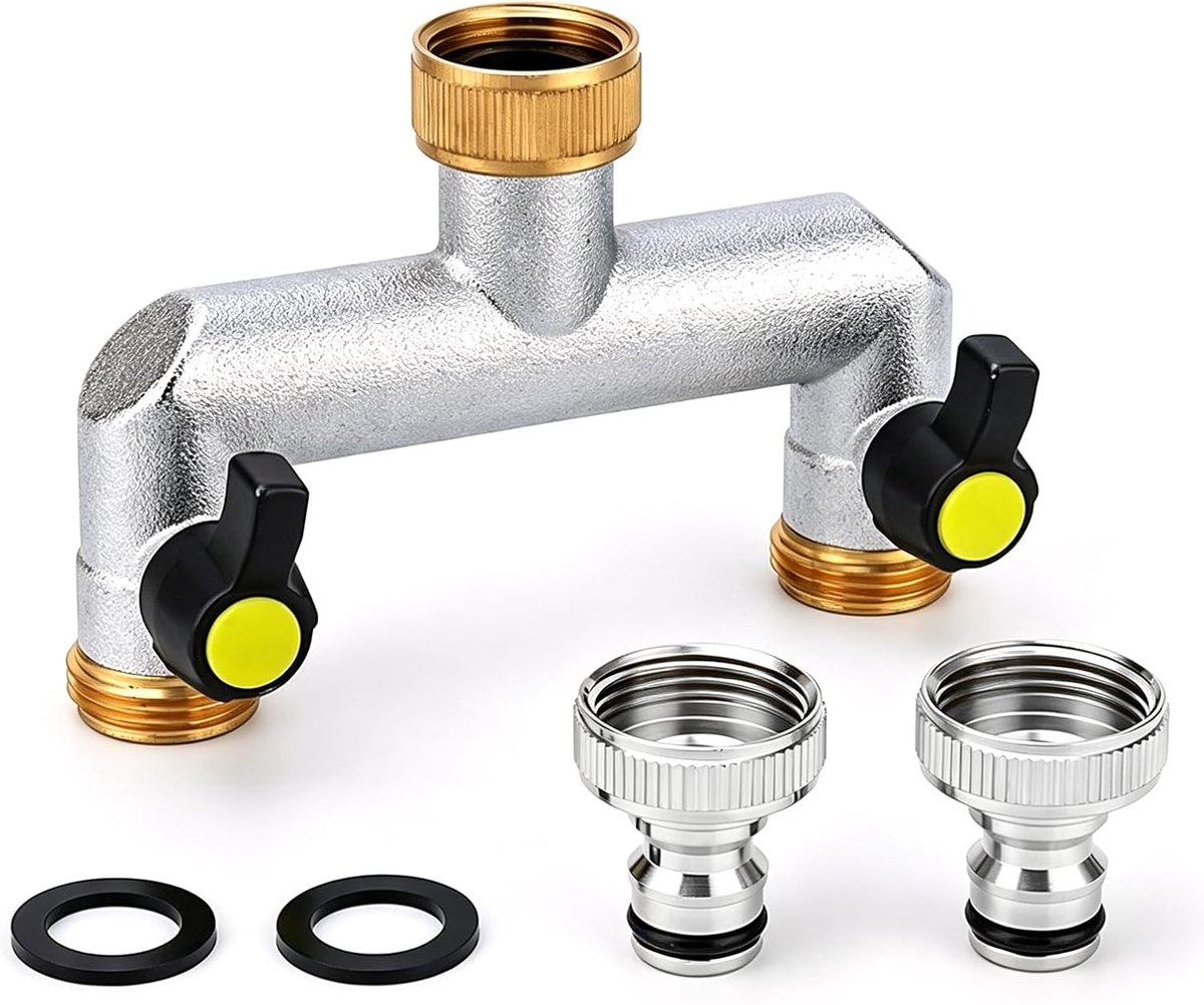 SnelShoppen - 3/4 inch 2-weg waterverdeler met 2 afsluitventielen, zinklegering, 1/2 inch adapter voor tuin, erf en buitengebruik