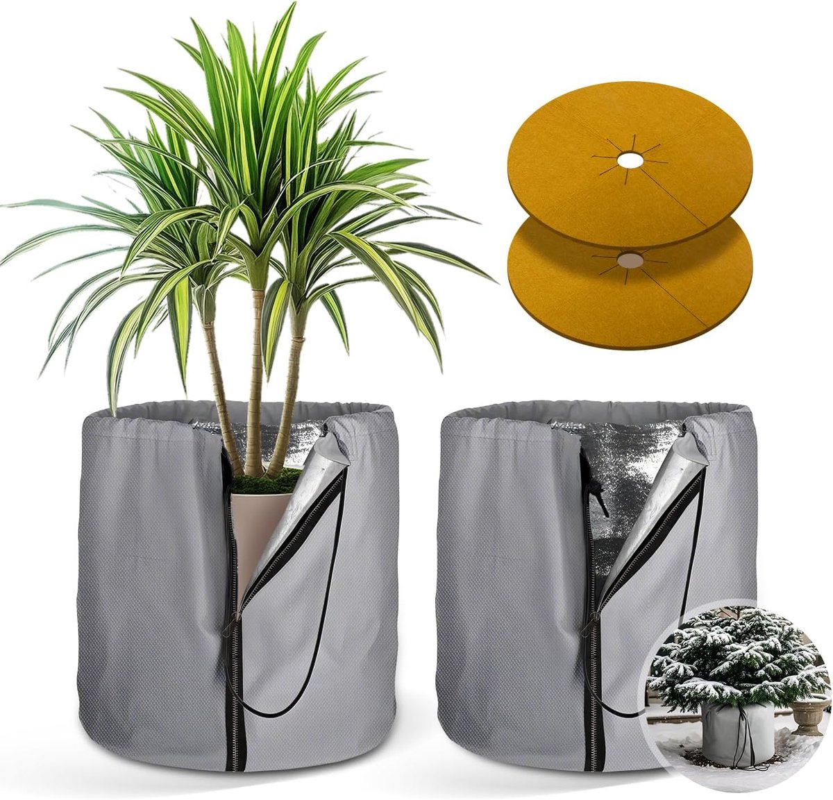 SnelShoppen - 2 Stuks Thermische Potbescherming 50 x 45 cm met 2 Stuks Vezelmateriaal, Vorstbescherming voor Planten met Treksluiting en Rits, Ideaal