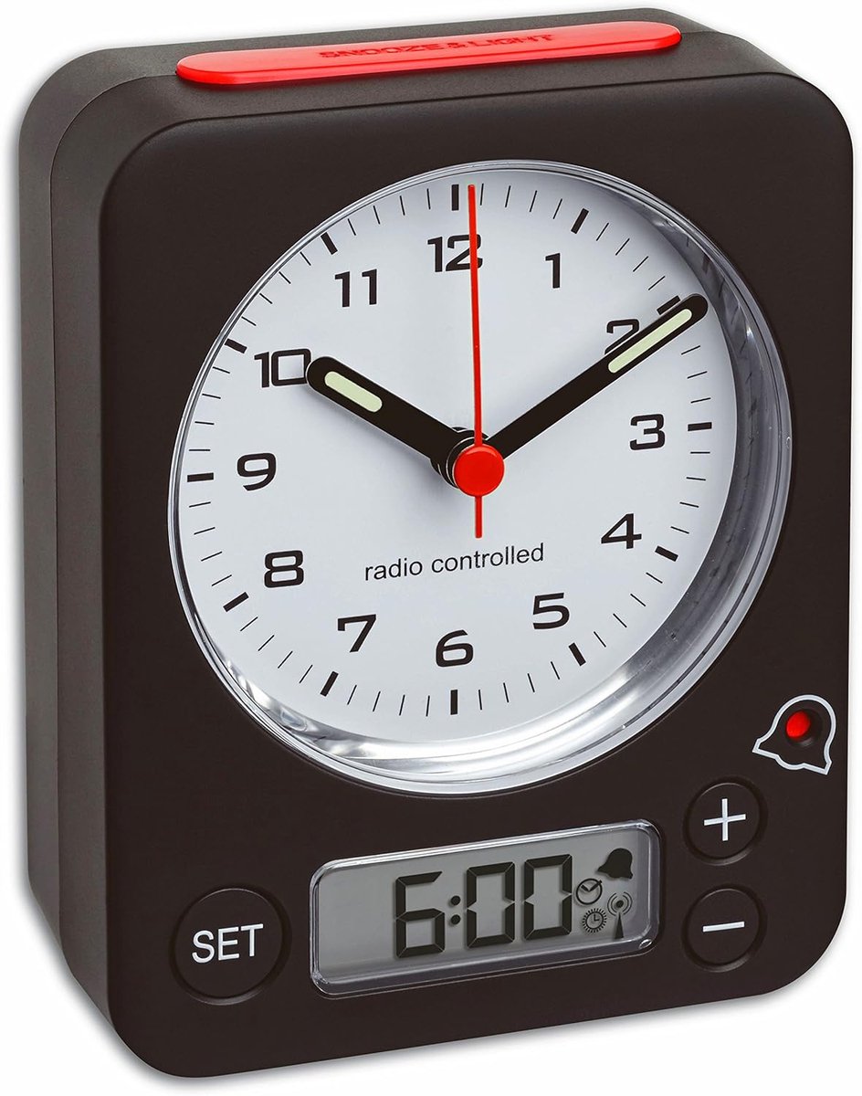 SnelShoppen - Radio Controlled Analog Alarm Clock met Digitale Instelling, Snooze Functie, Backlight, Zwart/Rood - 90x40x115mm