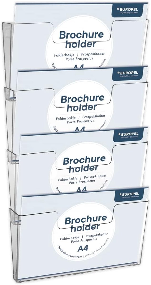 SnelShoppen - Wandbrochurehouder A4, vierlaags dispenser, connectabel, helder acryl, landscape, 350104 - Ideaal voor kantoor, evenementen, presentatie