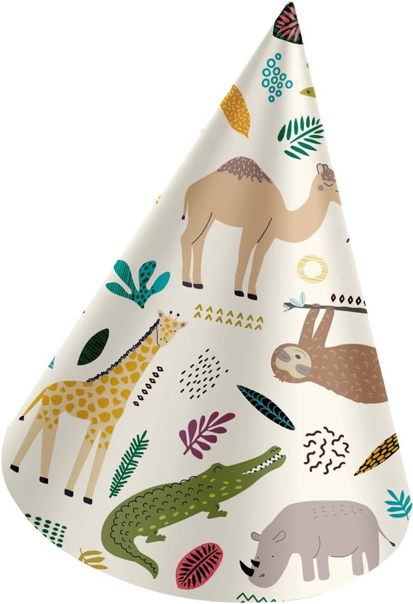 Thijox - Hoedjes Papier Zoo Party - 6 Stuks Meerkleurig Kinderfeest Hoedjes voor Feestjes, 16,5 cm, Met Elastieken Band, Papieren Hoedjes voor Kindere