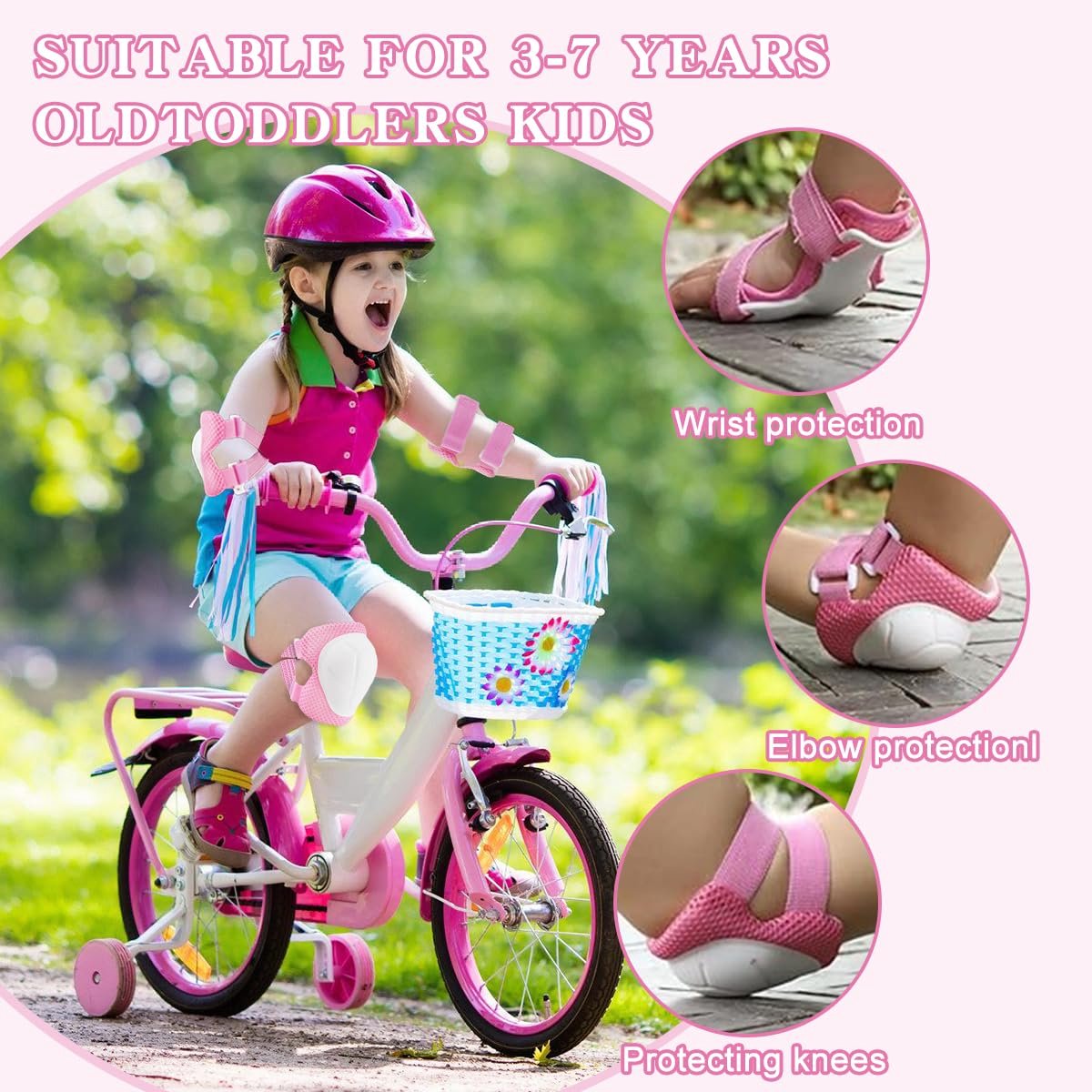 SnelShoppen - Kinderbeschermset met Pols- en Elleboogbeschermers, 6-in-1 voor Skateboard, Inline Skates, Hoverboard, Fiets (Roze-Wit)