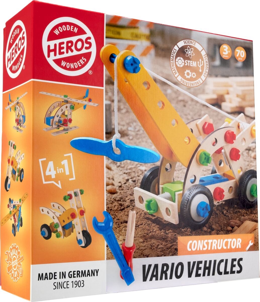 Heros constructor voertuigen - constructiespeelgoed - 4-in-1 - 70 onderdelen - bouw kraanwagen, helikopter, vliegtuig en driewieler - houten bouwset - fsc hout - gemaakt in duitsland - vanaf 3 jaar