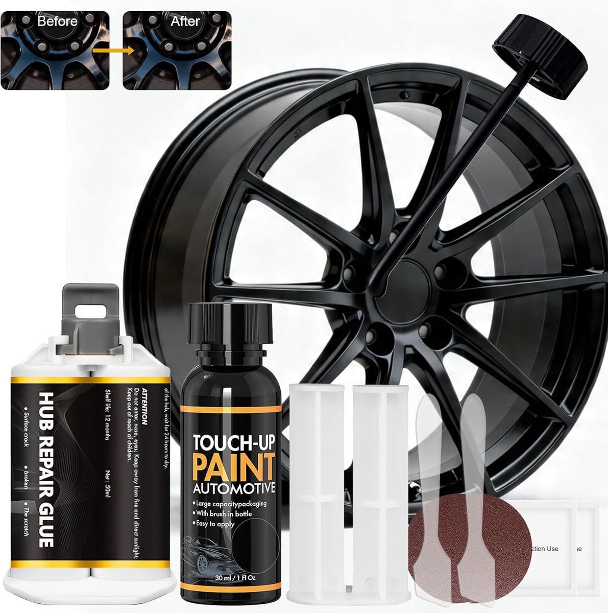 SnelShoppen - Repair Kit voor Aluminium Velgen - Mat Zwart, Perfect voor Diverse Auto Modellen, Bedekt Krassen en Schade, Complete Oplossing voor Zwar
