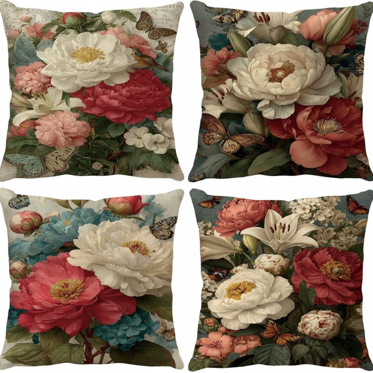SnelShoppen - Set van 4 Decoratieve Kussenhoezen 45x45 cm - Botanische Bloemen, Zachte Polyester, Ideaal voor Bank, Slaapkamer en Woonkamer