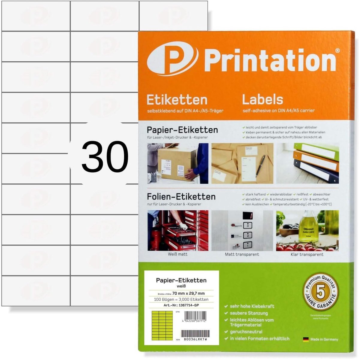 SnelShoppen - Printation Universele Labels 70x29.7mm - 750 Zelfklevende Stickers, 30 Per Vel, 25 Vellen A4 Stickerpapier voor Laser en Inkjet Printers