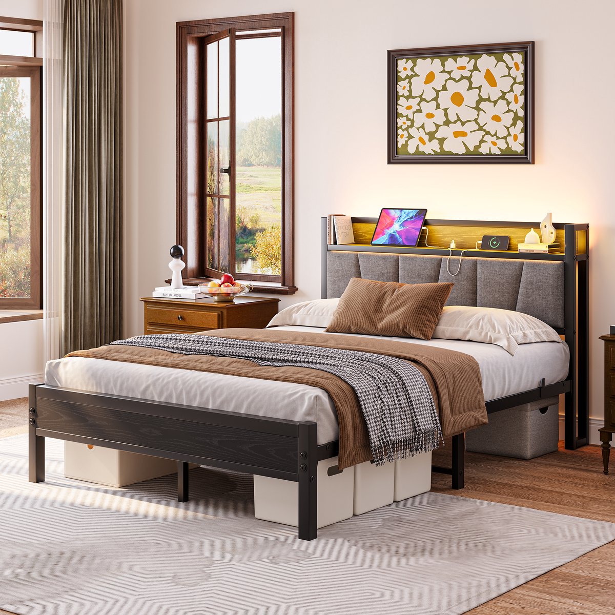 Bed 140x190 cm - Met LED-verlichting en Opberg Hoofdbord met USB en Stopcontact - Zonder Matras - Metaal en MDF - Zwart