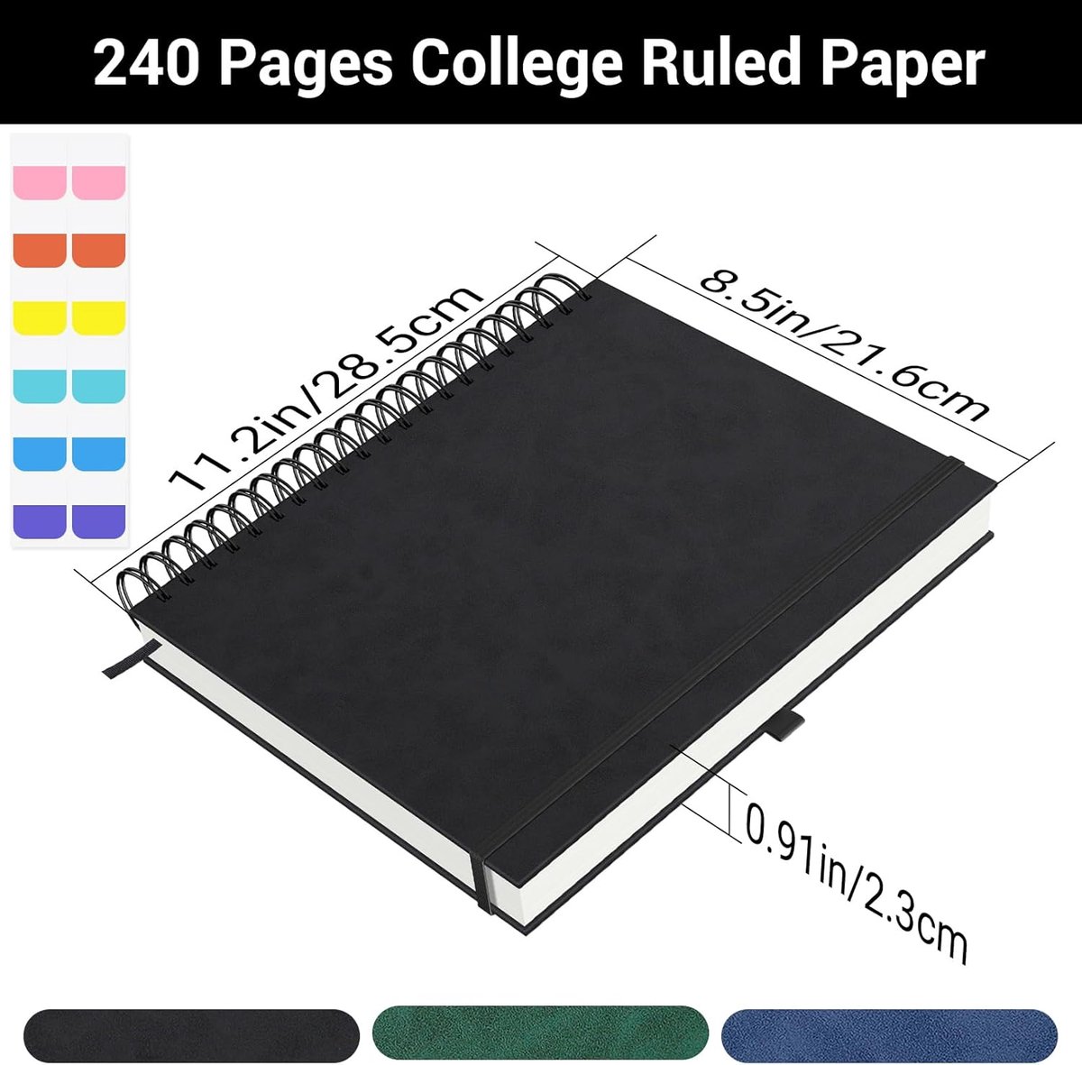 SnelShoppen - A4 Spiral Notebook - Notitieboek 100gsm Papier 7mm Gelijnd - 120 Bladen Hard Cover PU Leer - 28.5x21.5cm Zwart met Elastiek en Penhouder