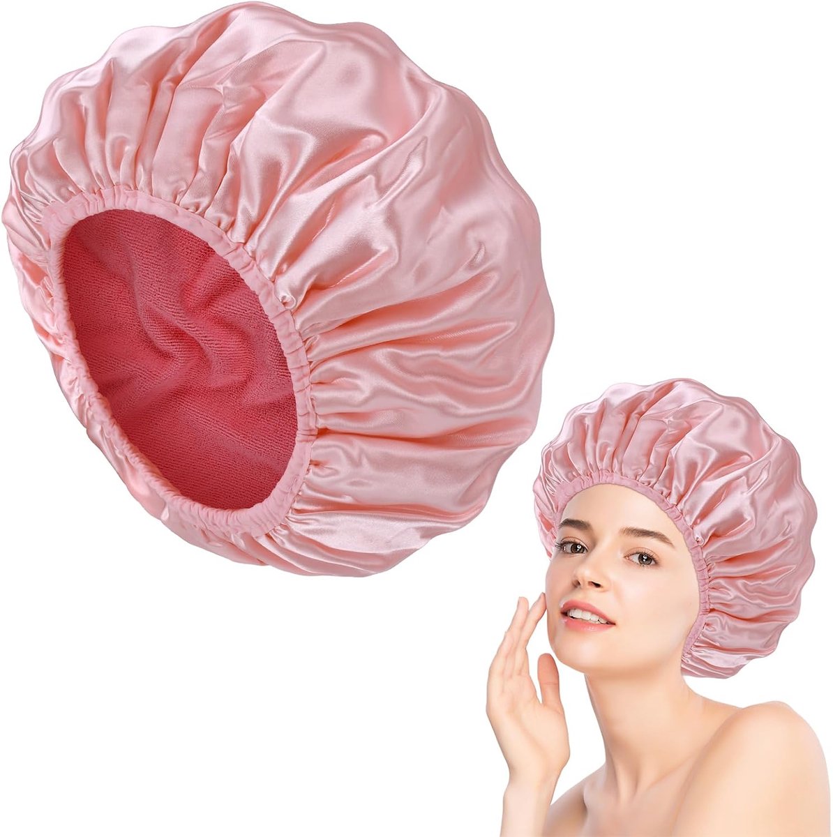 SnelShoppen - Waterproof Drie-Laags Douchekap voor Dames met Microvezel Voering, Herbruikbare Zachte Haar Wrap voor Lang Haar (Roze) - Praktische Bada
