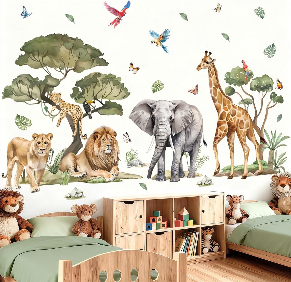 SnelShoppen - Grote Jungle Safari Dieren Muurstickers - Olifant, Leeuw, Giraffe, Luipaard - Peel & Stick Muurdecoratie voor Kinderkamer, Babykamer, Wo