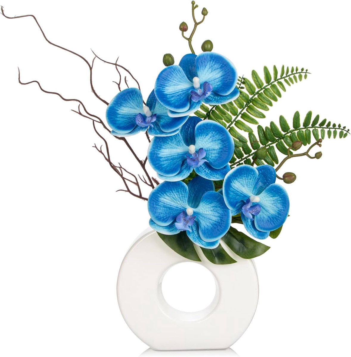 SnelShoppen - Kunstplant Orchideeën met Keramisch Donut Vaasje - Kunstbloemen zoals Echte Bloemen - Tafeldecoratie voor Vensterbank - Hoogte 41 cm - B