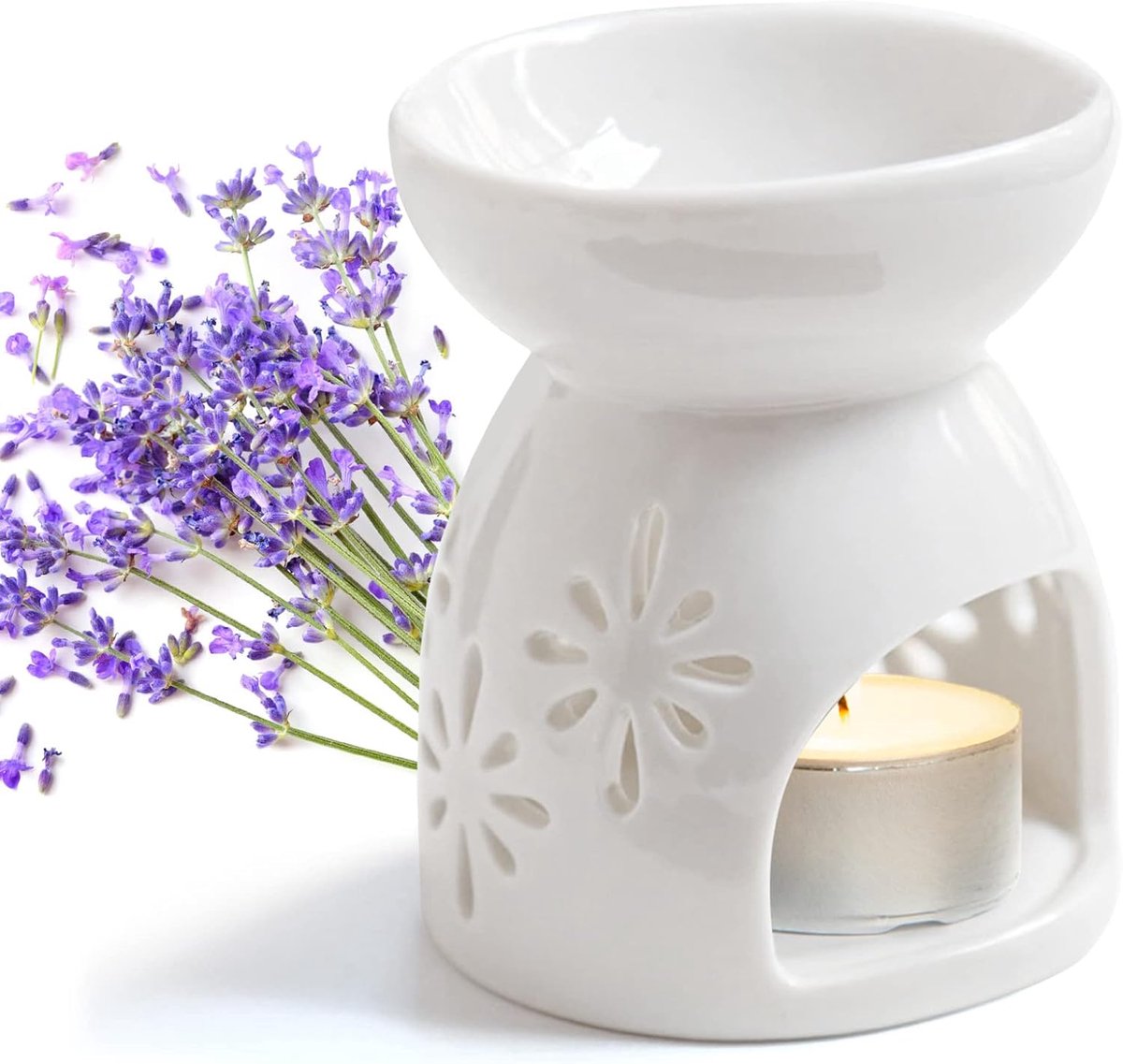 SnelShoppen - Ceramic Fragrance Lamp, Aroma Lamp met Kaarsenhouder, Aroma Diffuser voor Geuroliën, Bloemenpatroon, 9.5 x 7.5 x 5.3 cm, Voor Thuis, Fee