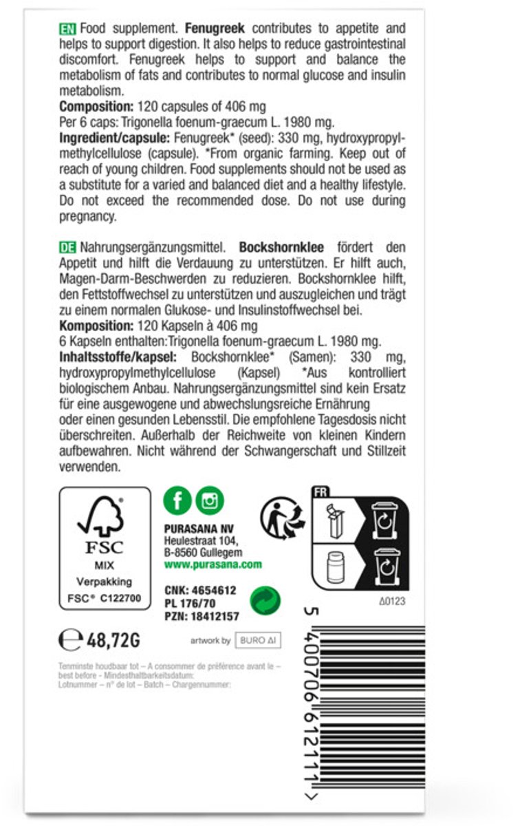 Purasana - Fenegriek 330 Mg Bio - 2 x 120 Capsules - Voordeelverpakking