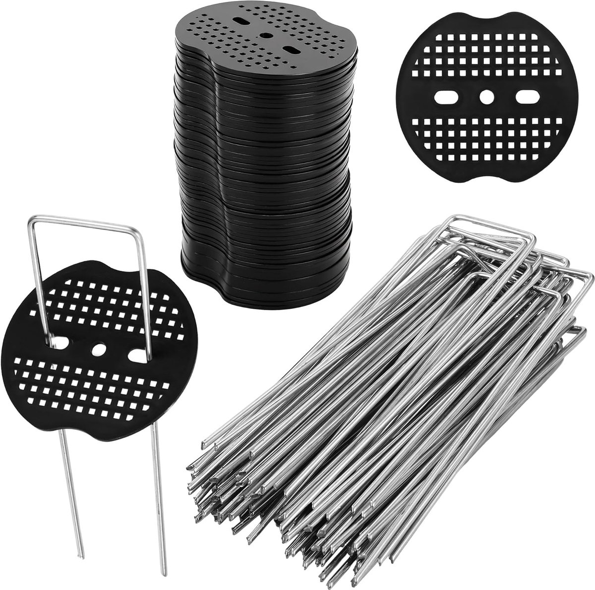 SnelShoppen - Weed Cloth, U-vormige Grondankers, 50 Grondankers + 50 Bufferdiscs, Tuin, Groentetuin, 150 x 40 mm, Galvaniseerd, Sterk en Duurzaam