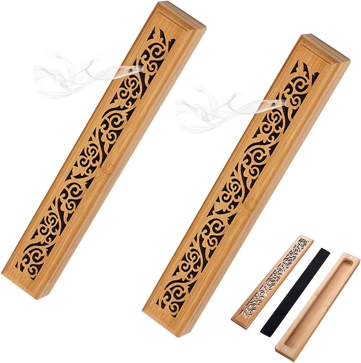 Houten wierookdoos set van 2, bamboe wierookhouder met uitgesneden patroon, perfect voor meditatie, yoga en aromatherapie decoratie