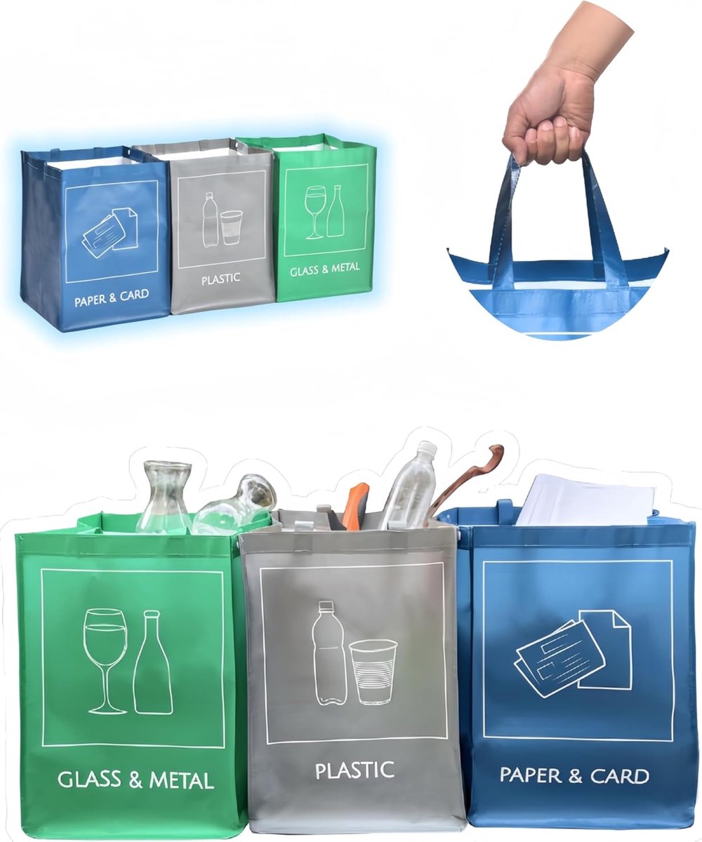 SnelShoppen - Herbruikbare Recycling Tassen Set van 3 met Handvaten voor Keuken, Thuis en Kantoor, Waterdicht, Gemakkelijke Afvalscheiding en Organise