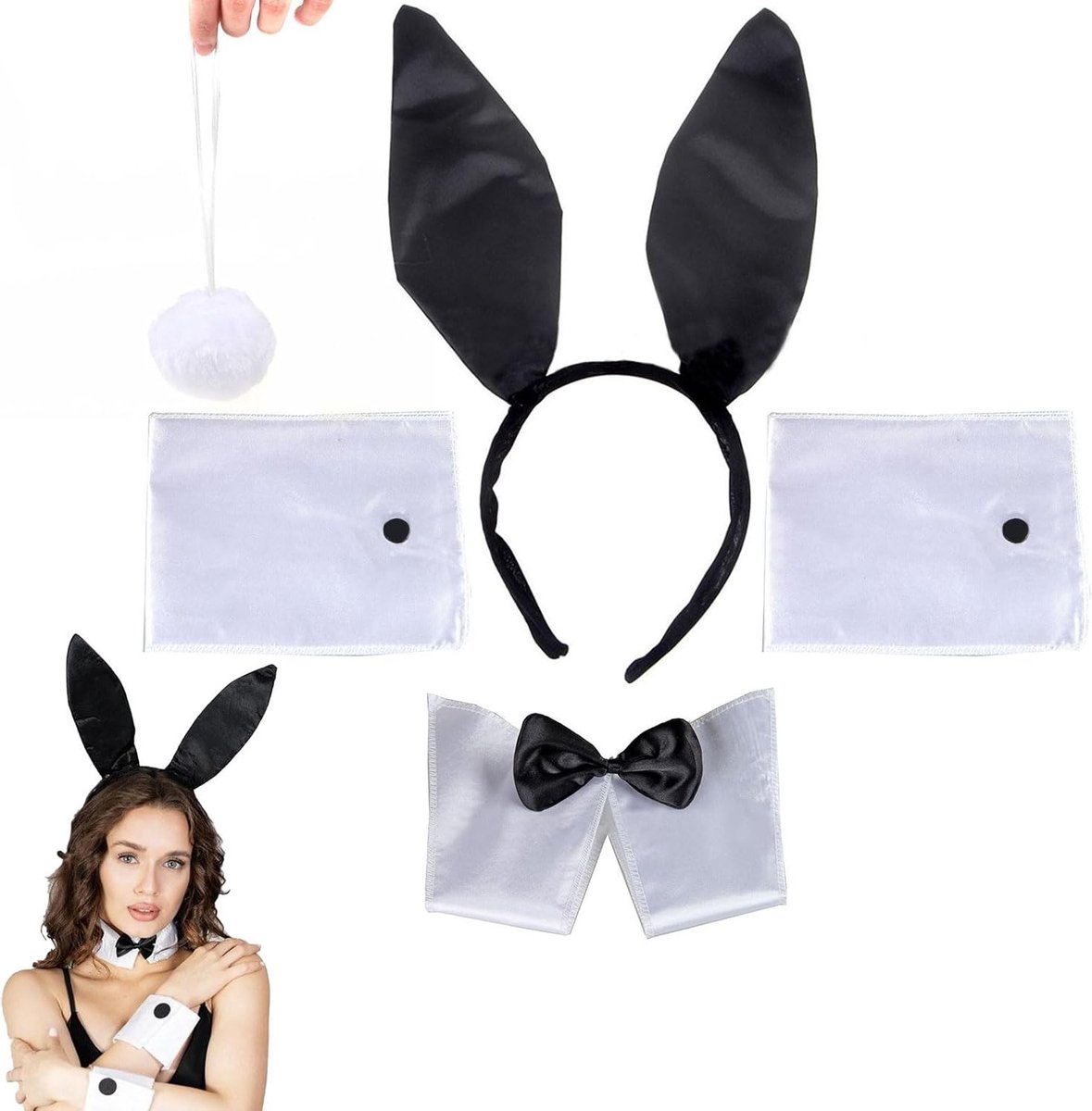 Vijfdelige set met konijnaccessoires voor vrouwen, inclusief konijnenoren, haarband, staart en strik voor cosplay en Pasen