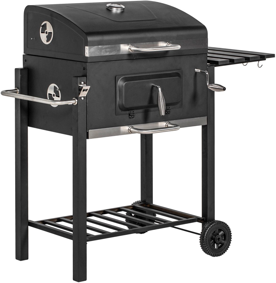Miryx Grillwagen Houtskoolgrill BBQ - Smokerbarbecue - Staande Grill - RVS - 113x65x108cm - Smoker op Wielen met Deksel - Zwart