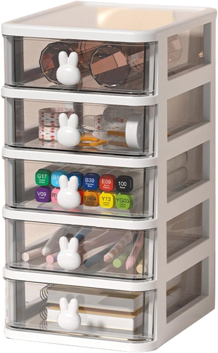 SnelShoppen - Multi-Tier Desk Storage Box - Transparante Plastic Opbergdoos met Schattige Konijnenhandgreep - 5 Laags Organizer voor Boeken, Pennen en