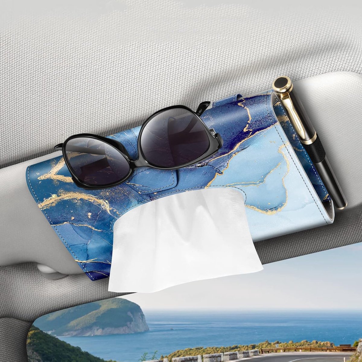 SnelShoppen - Universele Auto Zonnevisior Organizer - Handdoeken, Mondmaskers & Tissuehouder - PU Leder Marmer Blauw - Voor Auto, SUV, Truck