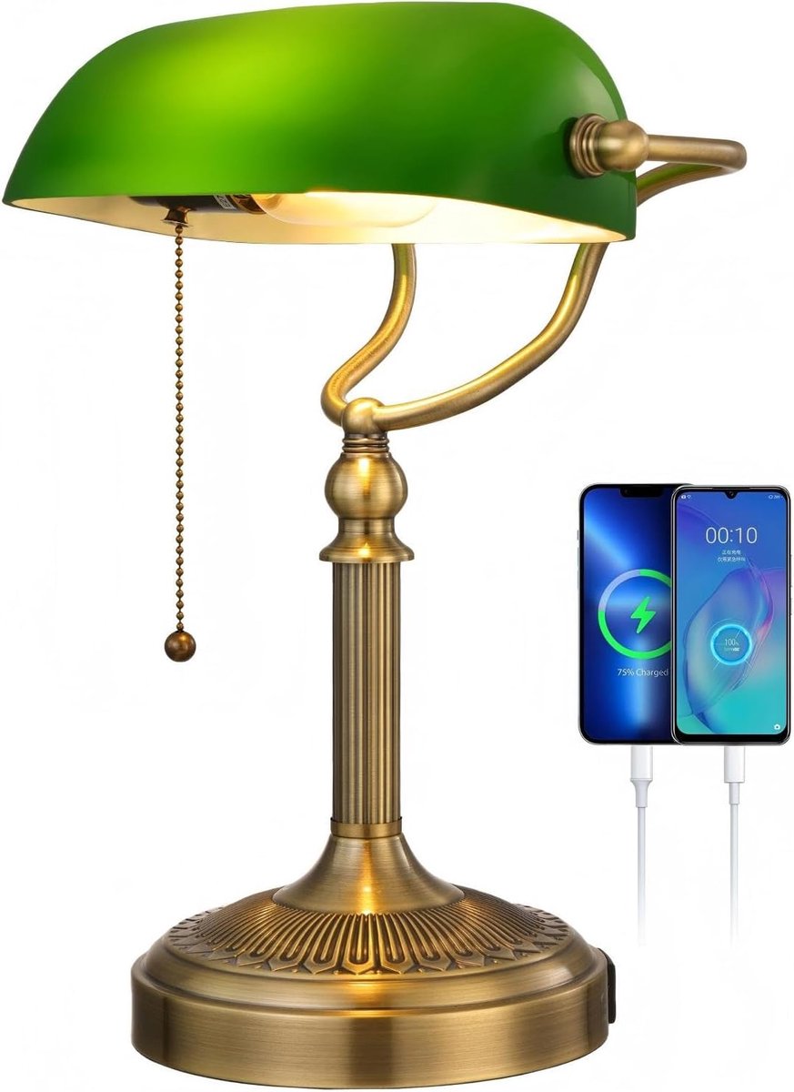 SnelShoppen - Groene Glazen Bankierslamp met Trekkettingschakelaar, Stekker, USB Snellader, Vintage Tafelverlichting, E27 max 60W, H37cm x B28cm