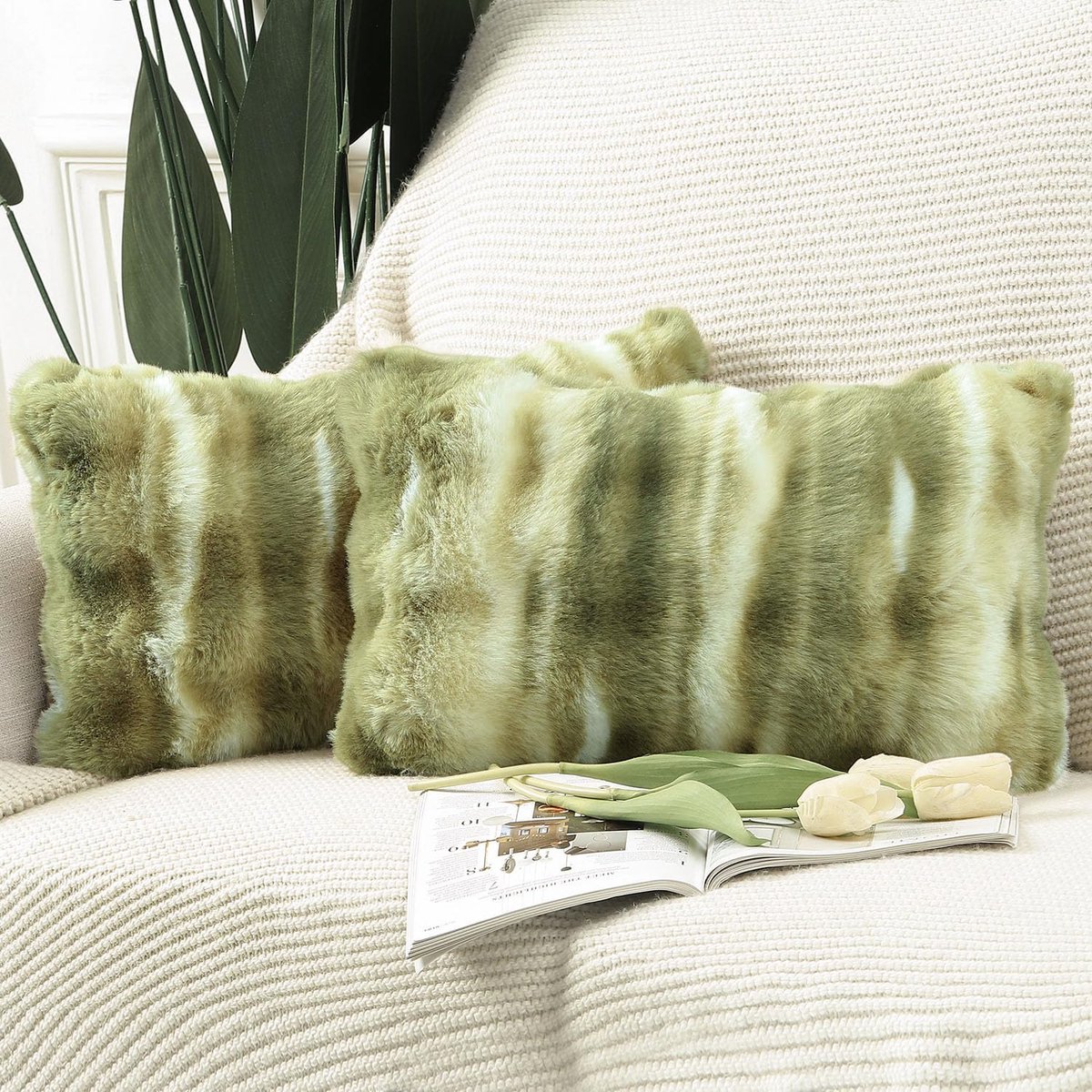 SnelShoppen - Set van 2 Dikke Pluche Neppels Wol Kussenhoezen voor Sofa en Slaapkamer 30x50cm Groen - Comfortabel en Duurzaam