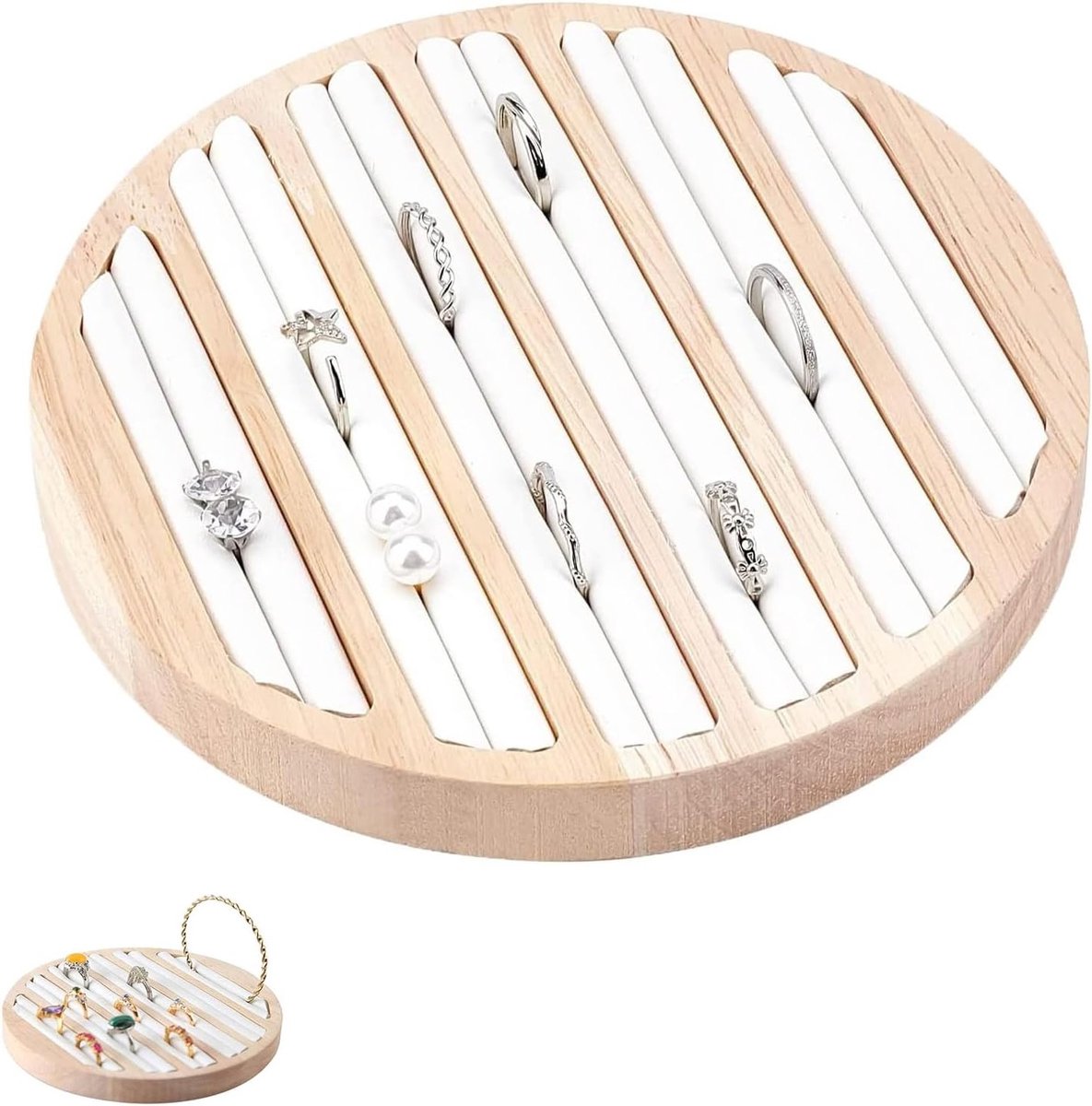 Houten Ring Display Tray - Ronde Sieraden Organizer met 6 Vakken voor Oorbellen, Ringen en Armbanden - Stapelbare Ring Houder voor Winkel en Thuisopslag