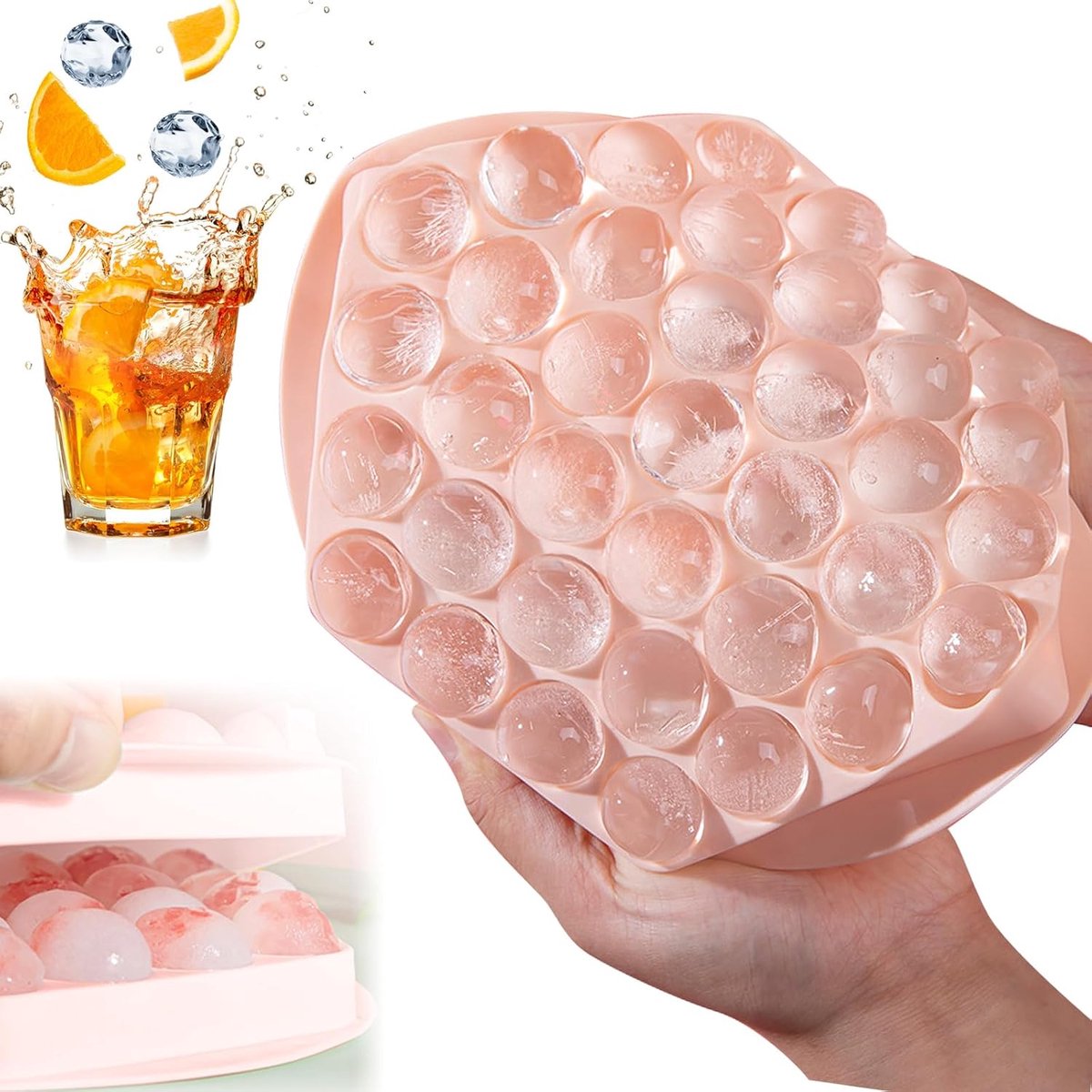 SnelShoppen - Silicone IJsbal Mould met Deksel - 37 Compartimenten BPA Vrij - Perfect voor Whisky, Dranken, Fruit, IJs en Koude Dranken - Roze