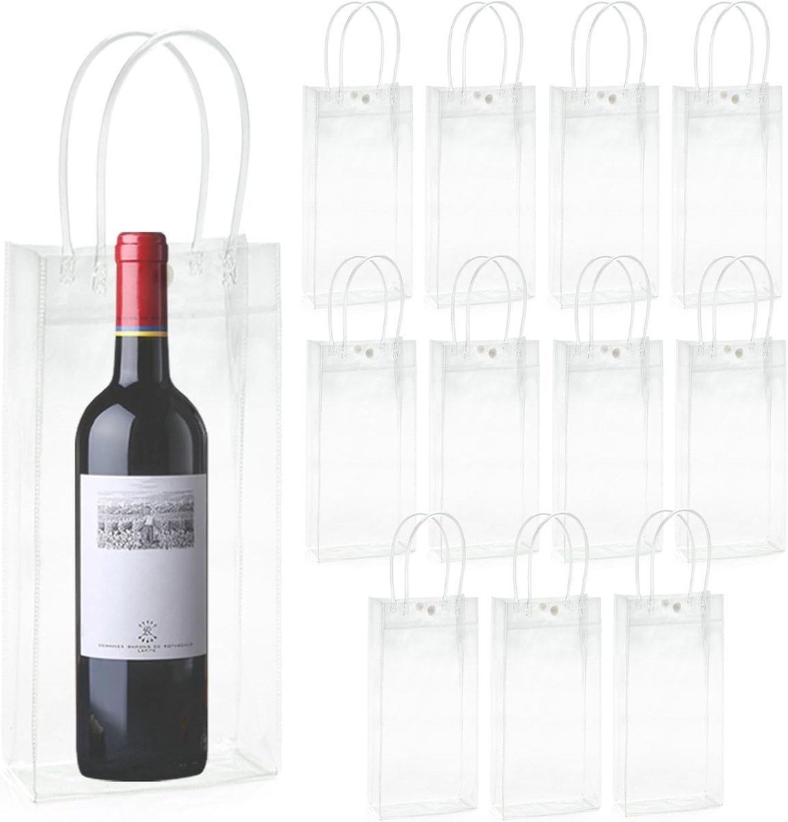 SnelShoppen - Pack van 12 Flessenkoelers, IJszak 10x25x10 cm, PVC, Transparant, Lekvrij, Met Handvat voor Koude Bier, Wijn, Dranken, Feest, Camping, B