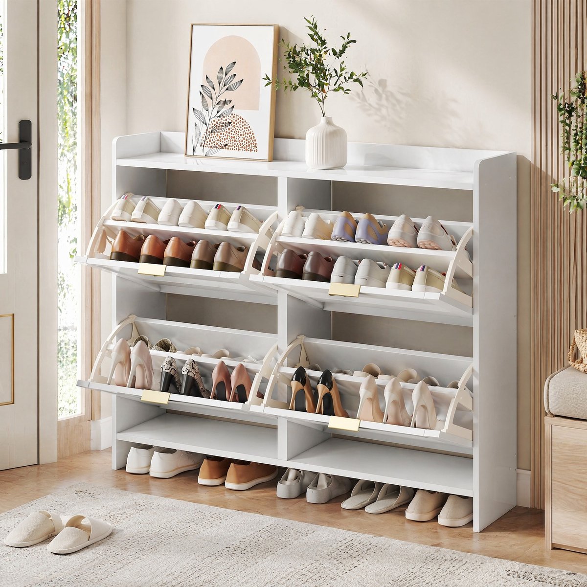 COVREO Schoenenkast 110 x 24 x 90 cm wit spaanplaat met 4 klepfakken en open opbergruimte