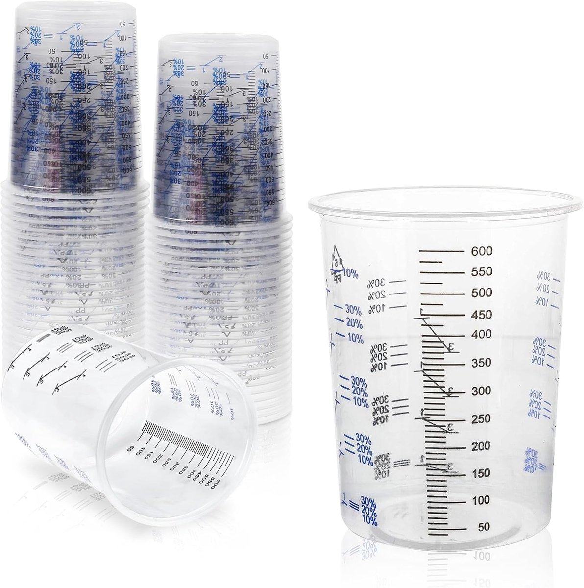 SnelShoppen - Paint Measuring Cup 600 ml - 50 Stuks - Transparante Plastic Maatbekers voor Verf, Pigmenten en Vloeistoffen - Ideaal voor Creatieve Pro