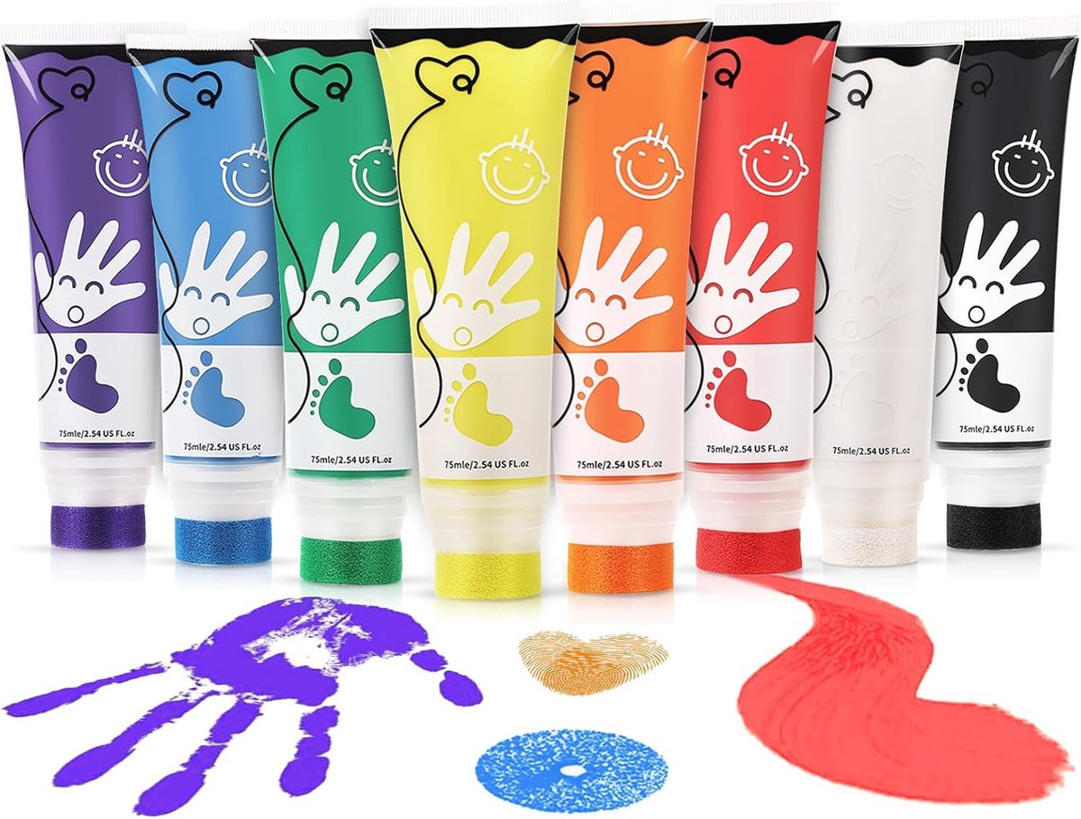 SnelShoppen - Fingerverf voor Kinderen 8 Kleuren 75ml/Tube met Sponskop - Niet-Toxisch en Wasbaar - Creatieve Verven voor Educatie en Speelplezier