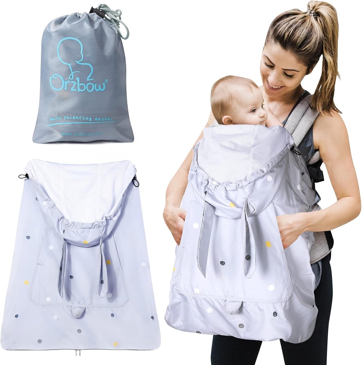 SnelShoppen - Waterdichte Baby Draagzak Cover, Ademend Regenbescherming voor Baby Draagzakken, UV-Bescherming, Winddicht, Grijs Konijn, Voor Lente, Zo