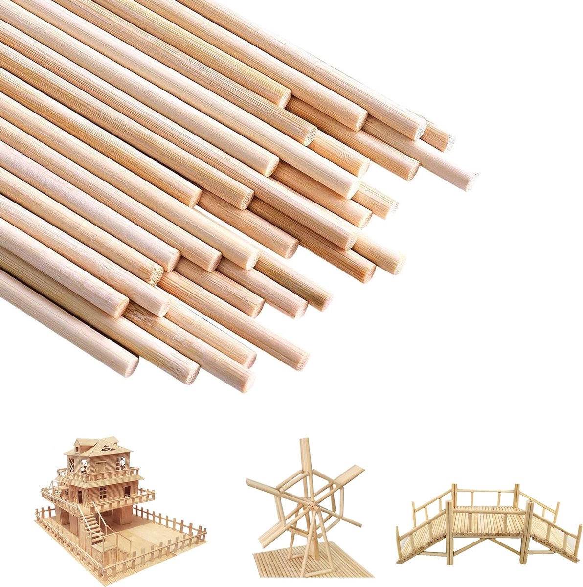 SnelShoppen - 120 Stuks Houten Stokken Rond, 300mm x 3mm Craft Sticks voor Creatieve Knutselprojecten, Modelbouw, DIY en Kinderen