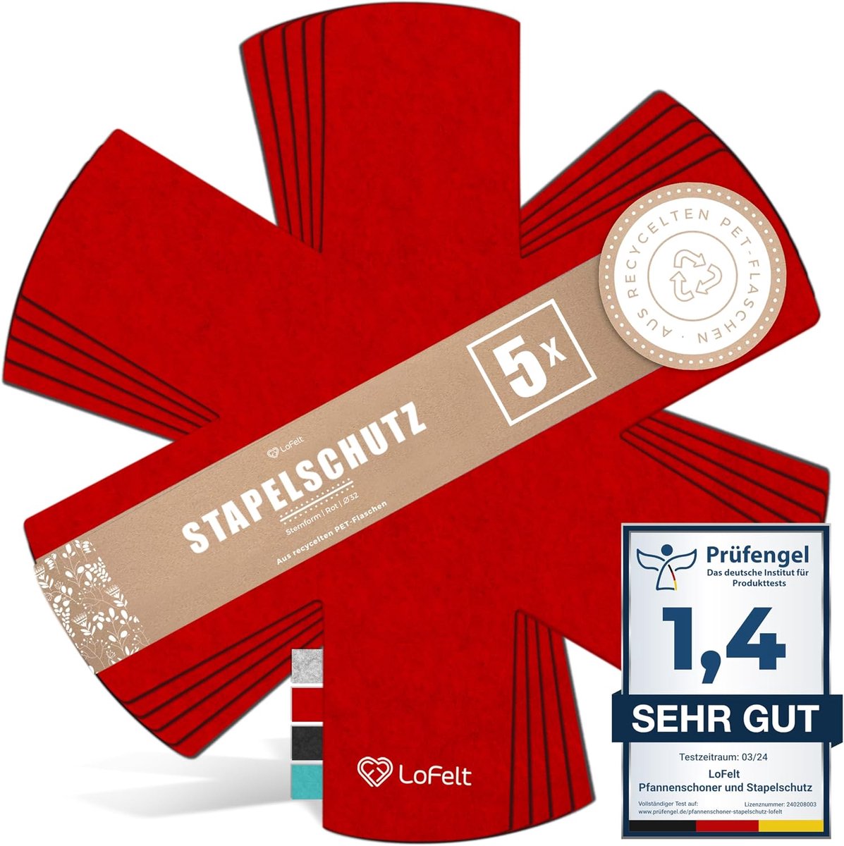 SnelShoppen - Pan Protector & Stacking Protection voor Pannen, Potten, Schalen - 5 Stuks, Ø 32-38 cm - Vilt, Rood, Stervorm - Keukenaccessoires, Besch