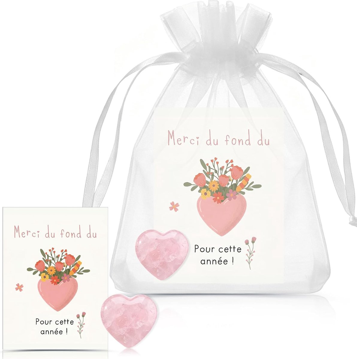 SnelShoppen - Geiserailie Bedankcadeauset voor Leerkrachten - Roze Hartvormige Jadestenen met Bedankkaartje en Organza Zakken - Perfect Bedankt Cadeau