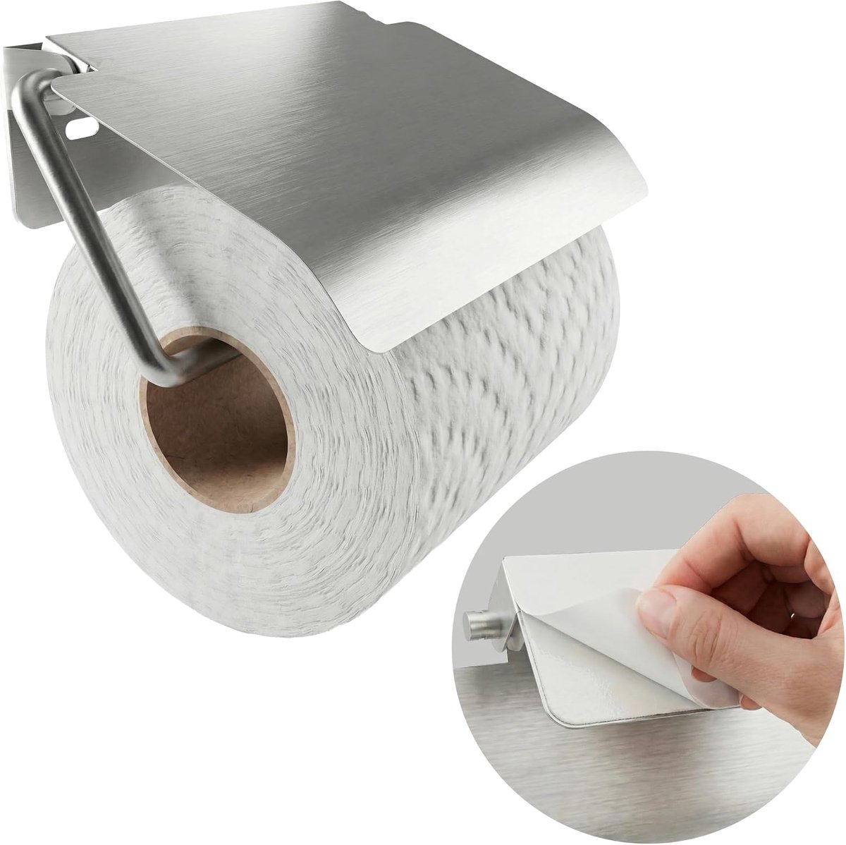 SnelShoppen - Minismus Toiletrolhouder met Deksel - Sterke Plakstrip - Tot 3kg - Ademend en Beschermend - Hygiënisch en Stijlvol - Zilver