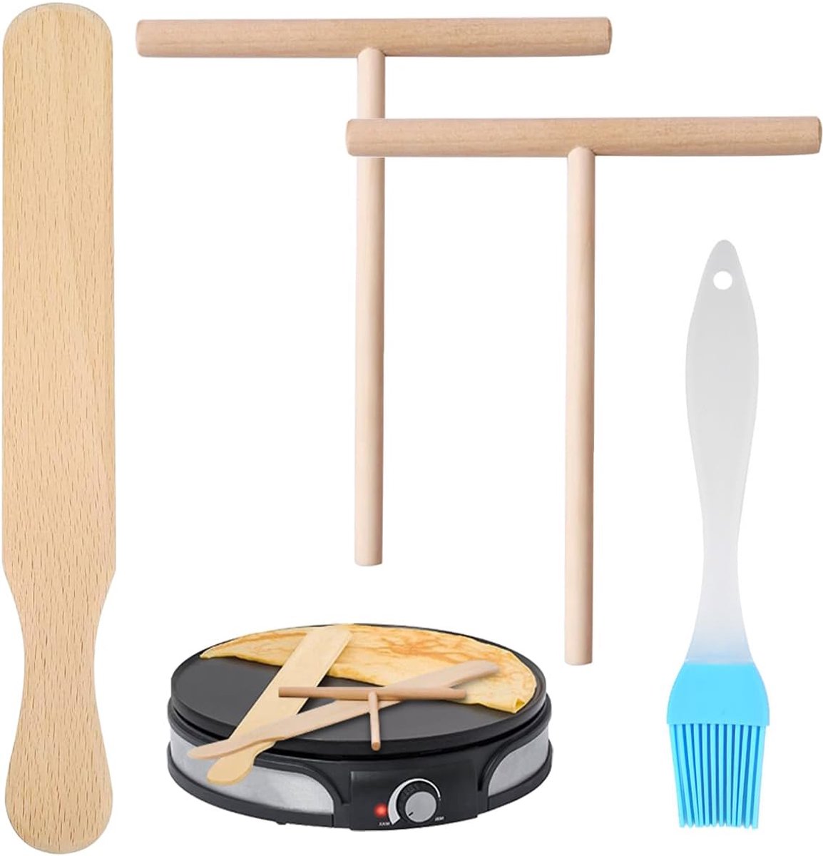 SnelShoppen - Crepe Accessoires Set - Pannenkoek Spatel van Beukenhout met 2 T-vormige Crepe Delers en Kwast - Ideaal voor Crepe Liefhebbers, Keuken,