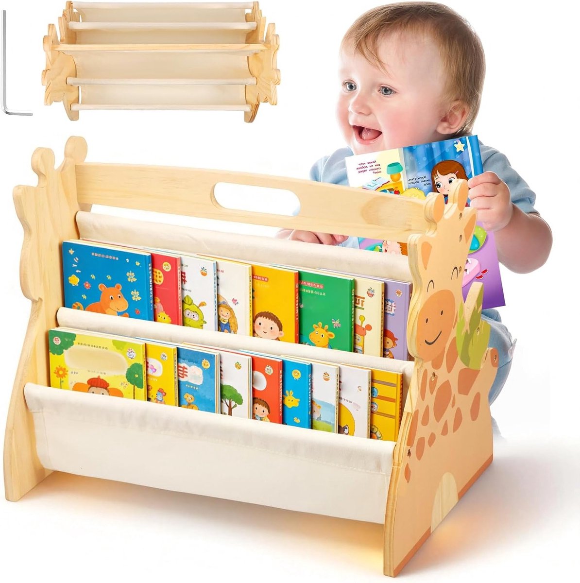 Houten Dubbelzijdige Kinderboekenkast - Vier Laags, 43 x 34 x 28.2 cm, Montessori Boekenka