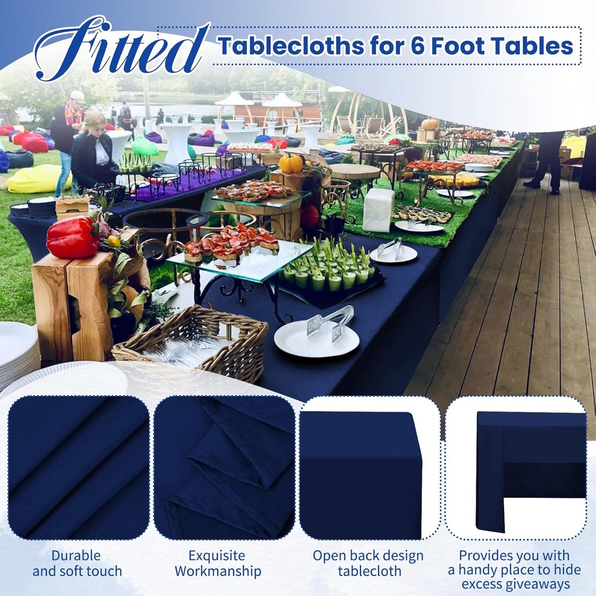 SnelShoppen - Set van 2 Navy Blauwe Tafelkleed Fitted voor 6ft Vouwtafel - Wasbare Polyester, Perfect voor Feest, Bruiloft, Evenementen