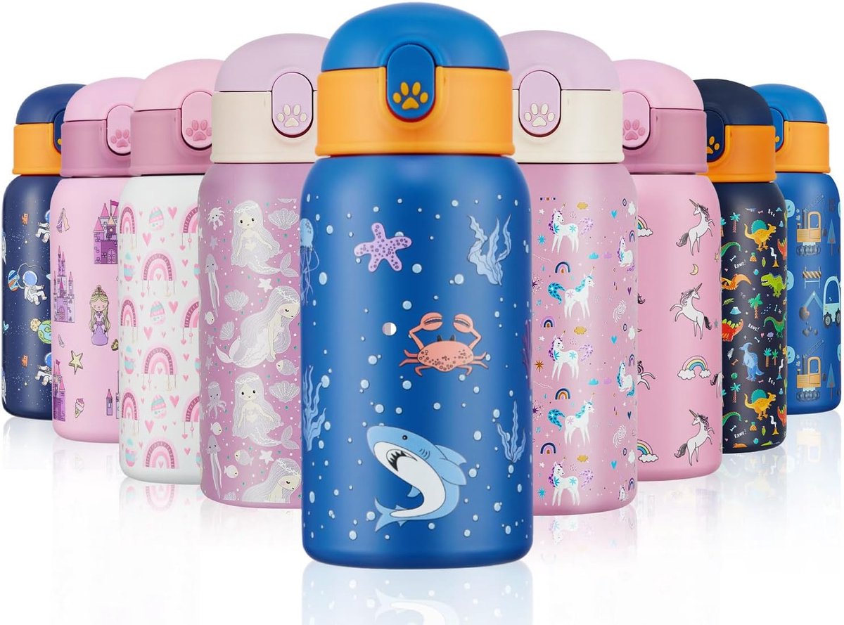 SnelShoppen - Kids Waterflessen met Rietje 500ml Geïsoleerde Roestvrij Staal Dinosaul Waterfles BPA-Vrije Herbruikbare Metalen Waterfles voor Kinderen