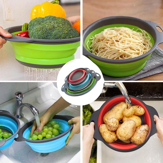 SnelShoppen - Set van 3 Vouwbare Keukenzeefjes - Multifunctionele Pasta- en Groentezeef - Hoogwaardige Silicone en PP Materialen - Ruimtebesparend - 3 van Snelshoppen — afbeelding 3