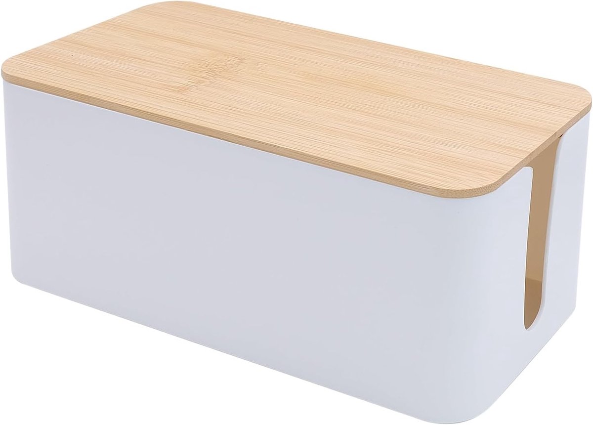SnelShoppen - Kabelopbergdoos met Bamboedeksel, Witte Kabelbox, Kabelorganizer voor Kabels en Stekkers, Kabelmanagement-Box voor Thuis en Kantoor