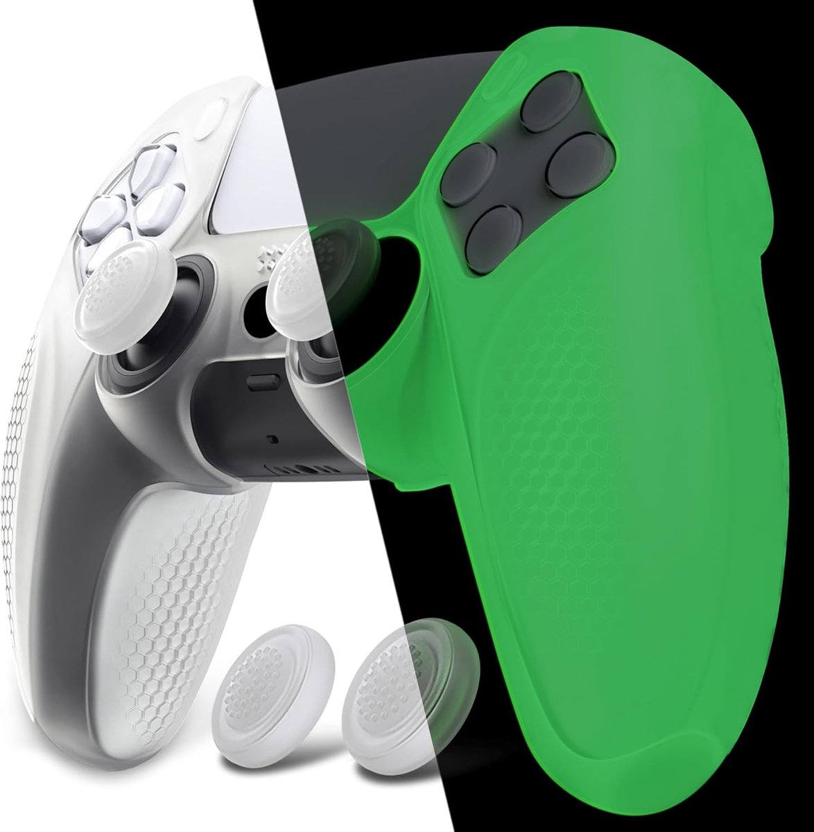 SnelShoppen - PlayVital Anti-Slip Silicone Cover Skin voor PS5 Controller met Grip Caps - Zacht Rubber Case voor PS5 - Donkergroen Glow Ninja Edition