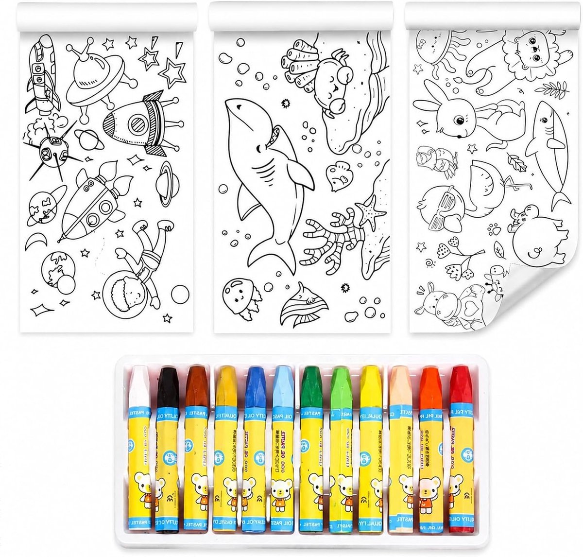 Set zelfklevende tekensjablonen voor kinderen, 3 rollen van 30x300 cm, inclusief 12 wasbare kleurpotloden voor creatief leren, kleuren en educatieve activiteiten