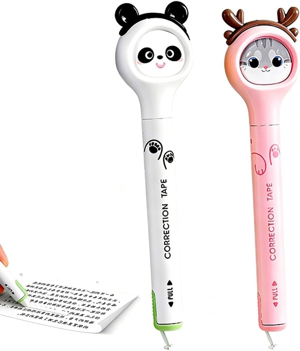 SnelShoppen - 2 stuks Correctieroller in Penvorm, 6 m x 5 mm, Kawaii Dieren Design, Correctietape met Kat en Panda voor Kantoor, Notities, Knutselen e