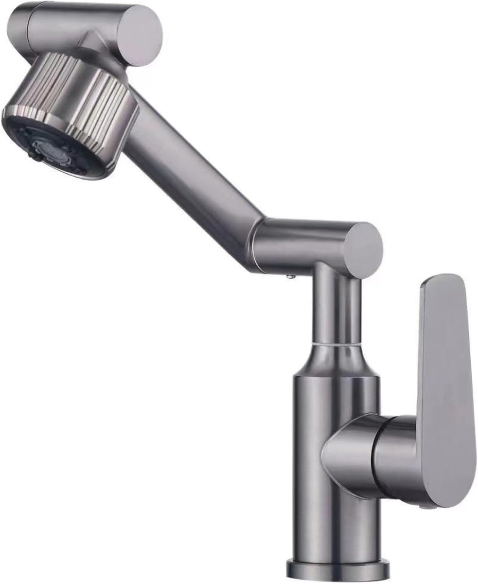 SnelShoppen - Swivel Wasbakkraan met Enkelhandgreep, 360° Rotatie, Roestvrijstaal, Grijs, 70 cm Inlaat/Uitlaat Pijplengte - Keuken en Badkamer