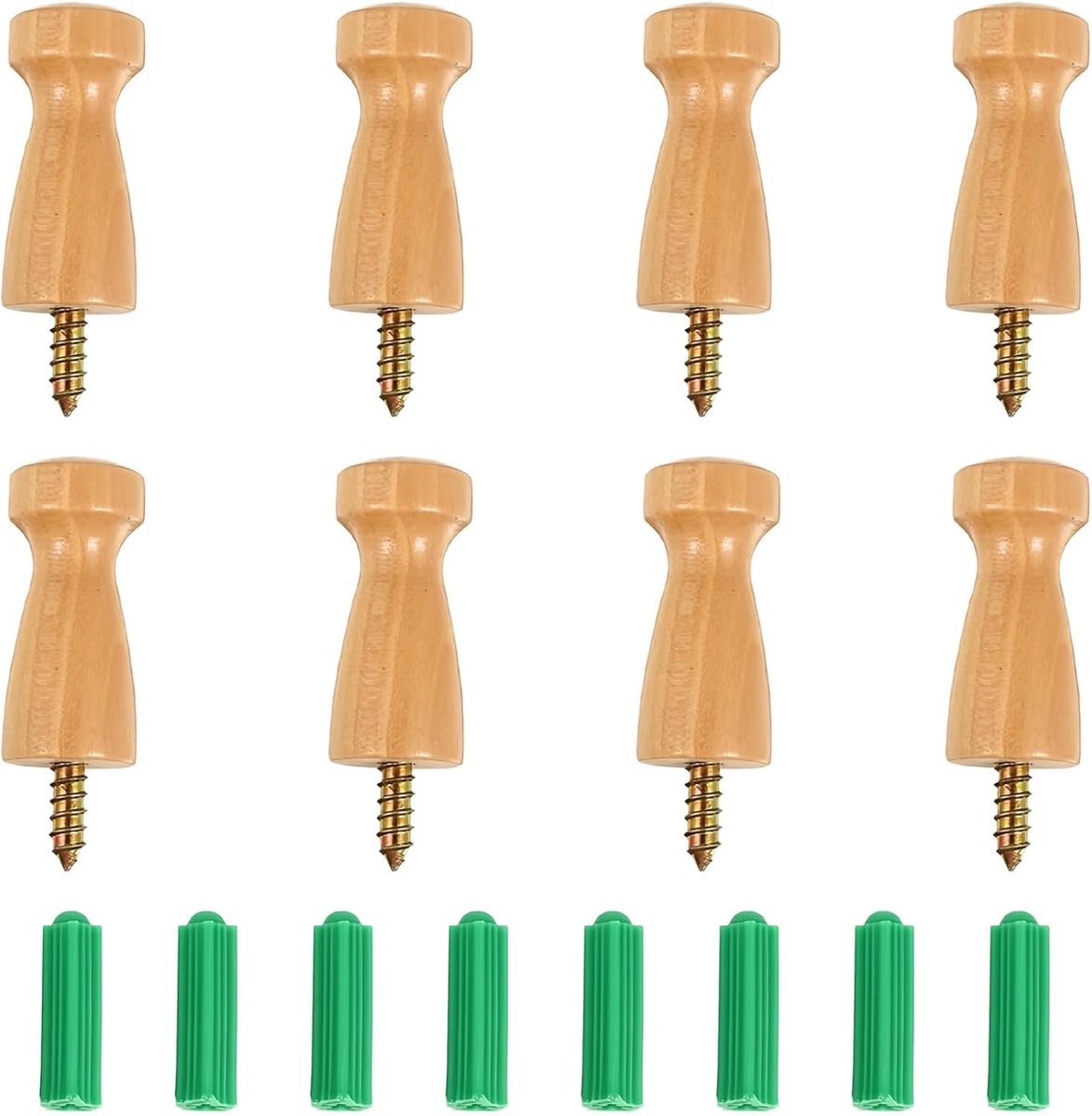 SnelShoppen - 8 Stuks Houten Wandhaken, Retro Wandhaken van Hout met Schroeven, Ideaal voor Kleding, Hoeden en Handdoeken, Met 8 Uitbreidingstubes