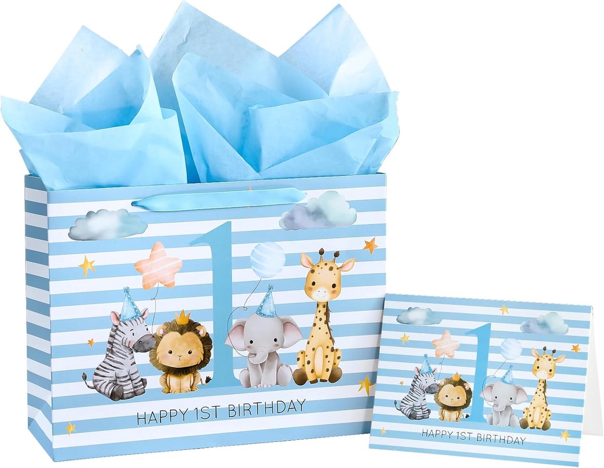SnelShoppen - Grote Cadeauzak voor Eerste Verjaardag Baby 33 cm - Jungle Dieren Design - Inclusief Wenskaart en Zijdepapier - Babyblauw - Perfect voor