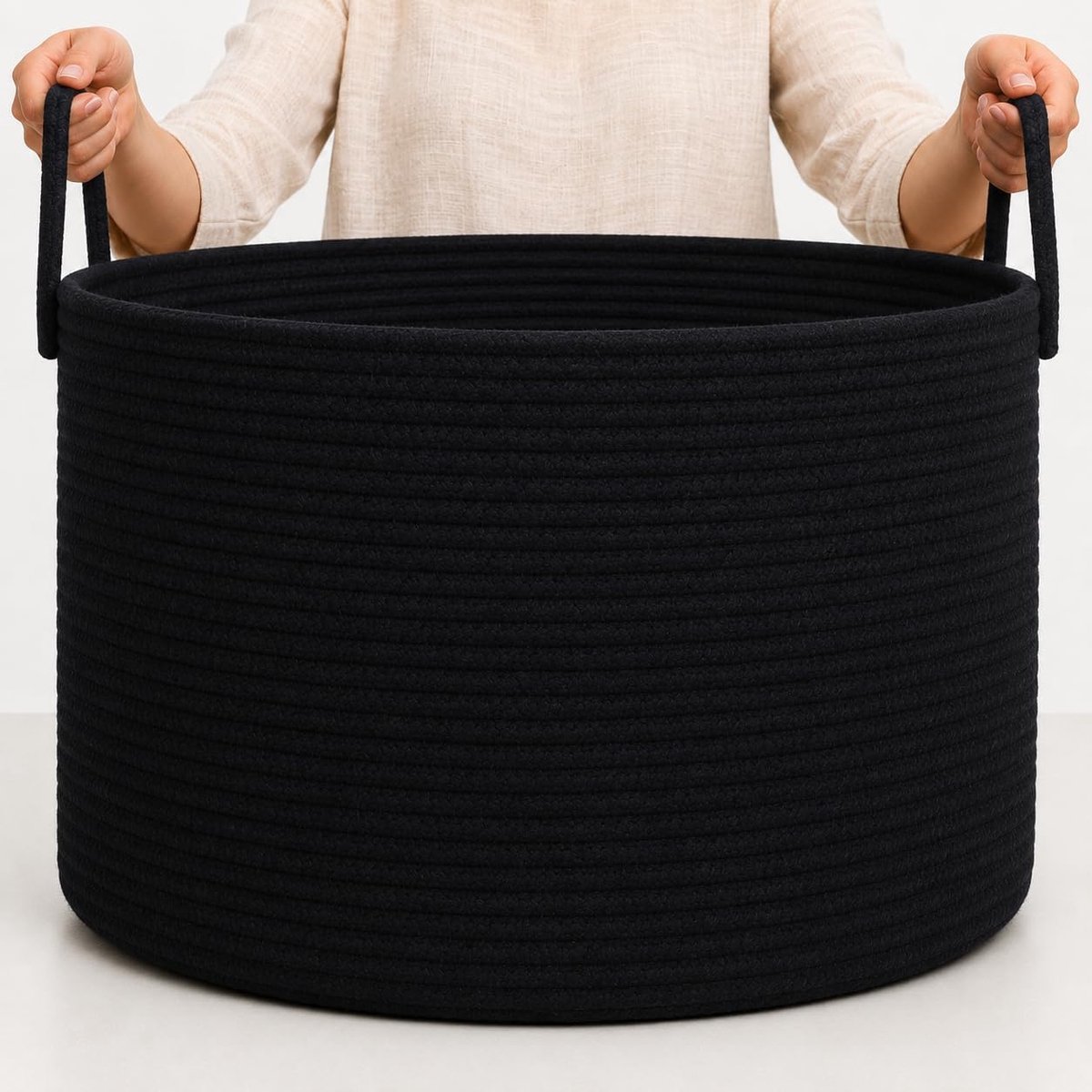 SnelShoppen - Ronde Wasmand - Woven Rope Basket voor Was, Speelgoed en Dekens - 50x33cm - Volledig Zwart - Katoenen Opbergmand voor Kinderkamer, Woonk